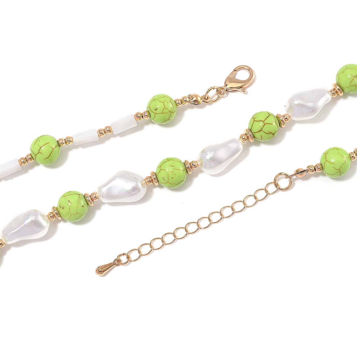 White Shell Pearl, Constituted Green Howlite Beaded Necklace (18-20In) in Goldtone 65.00 ctw image number 3