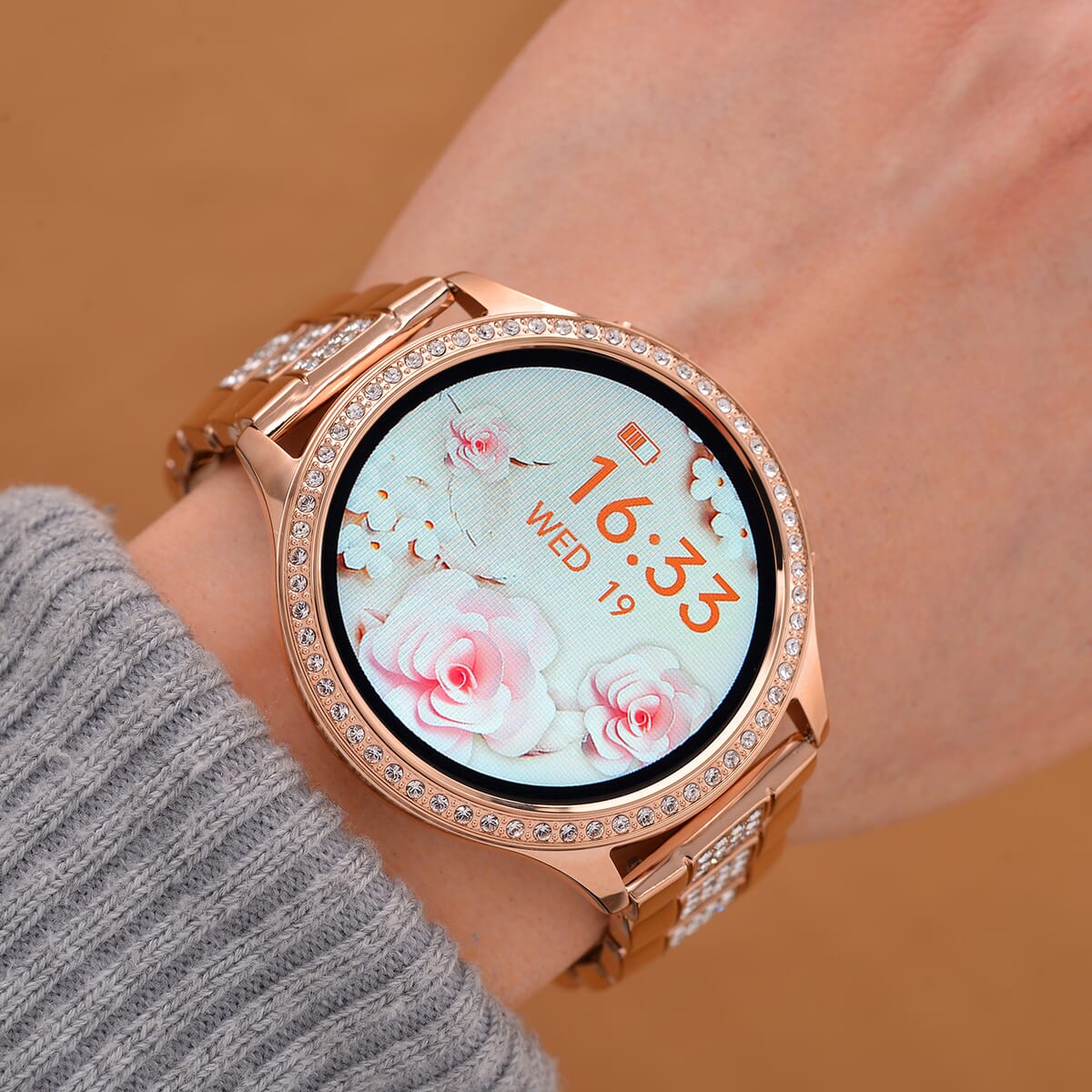 Mother's Day Special Deal Austrian Crystal Multi Functional Smart Watch in Rosetone with Stainless Steel Butterfly Buckle image number 1