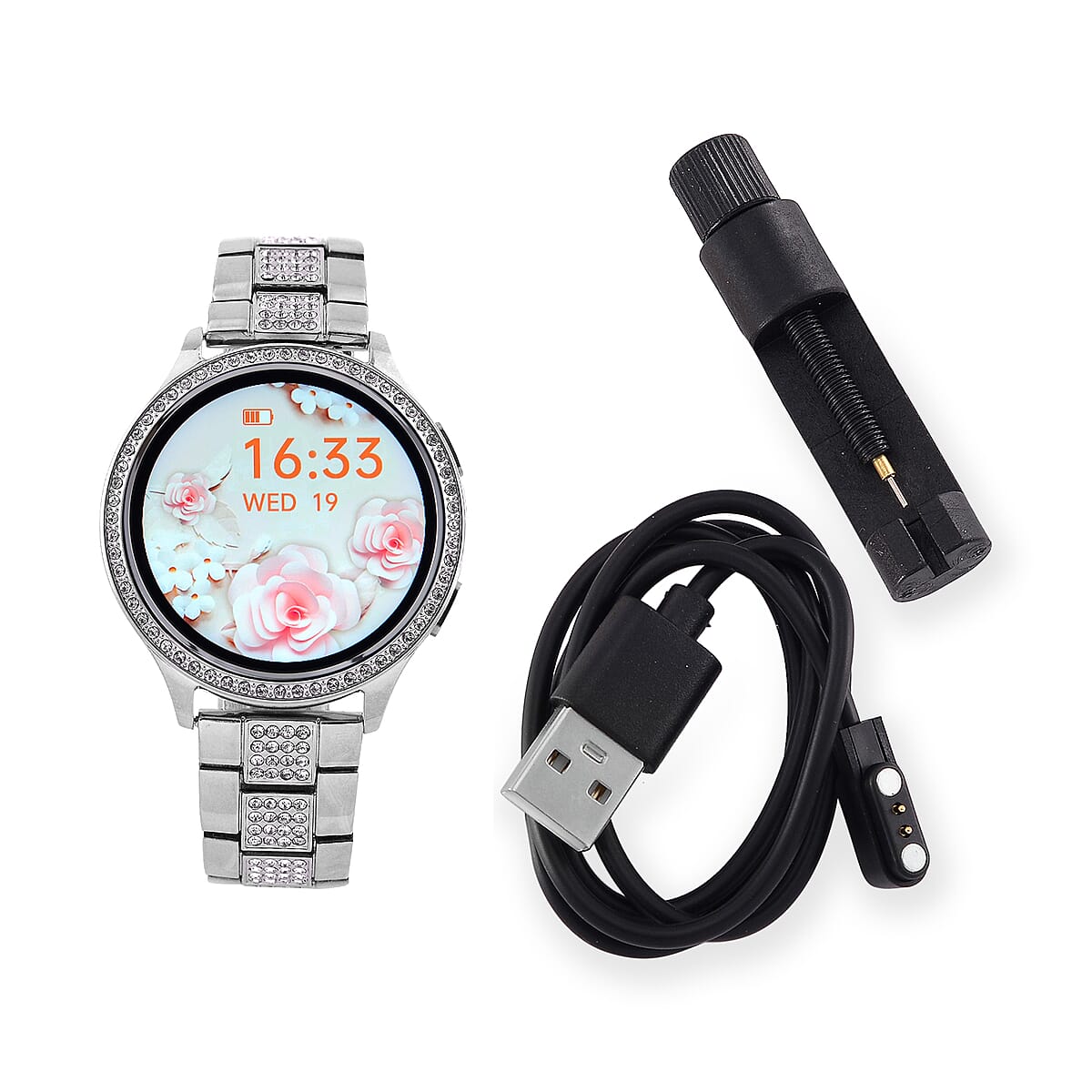 Austrian Crystal Multi Functional Smart Watch in Silvertone with Stainless Steel Butterfly Buckle image number 0