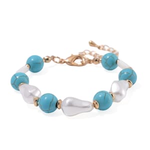 White Shell Pearl, Blue Howlite Beaded Bracelet (7-9In) in Goldtone 25.00 ctw