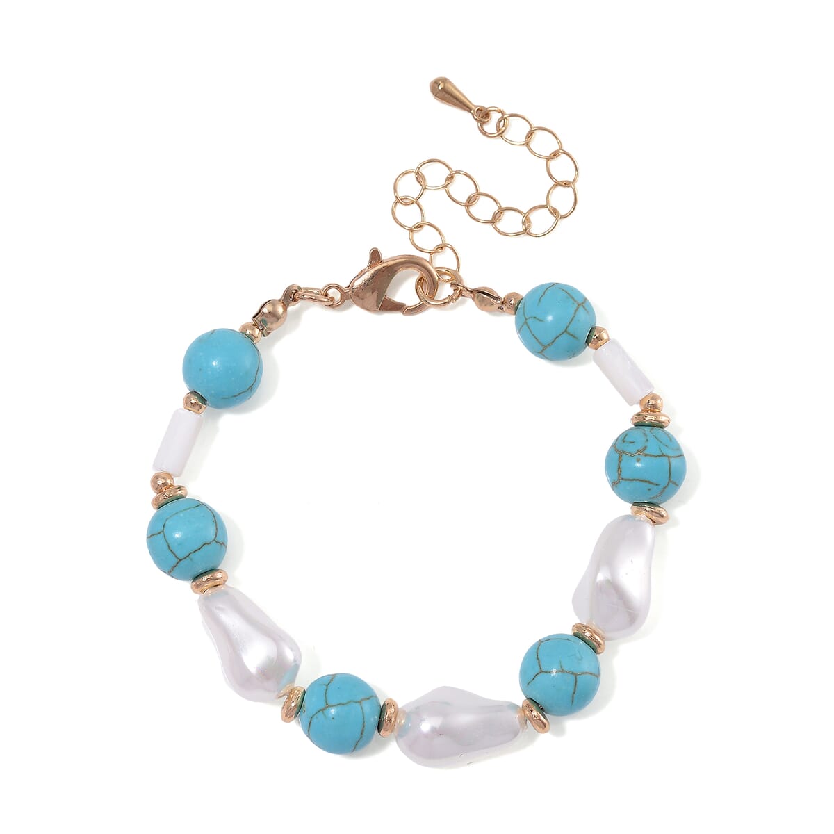 White Shell Pearl, Blue Howlite Beaded Bracelet (7-9In) in Goldtone 25.00 ctw image number 2