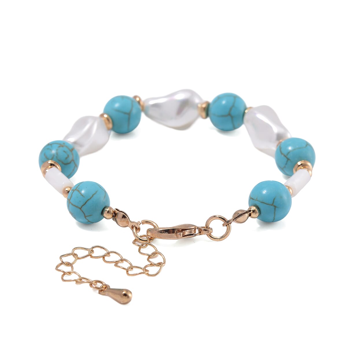 White Shell Pearl, Blue Howlite Beaded Bracelet (7-9In) in Goldtone 25.00 ctw image number 3
