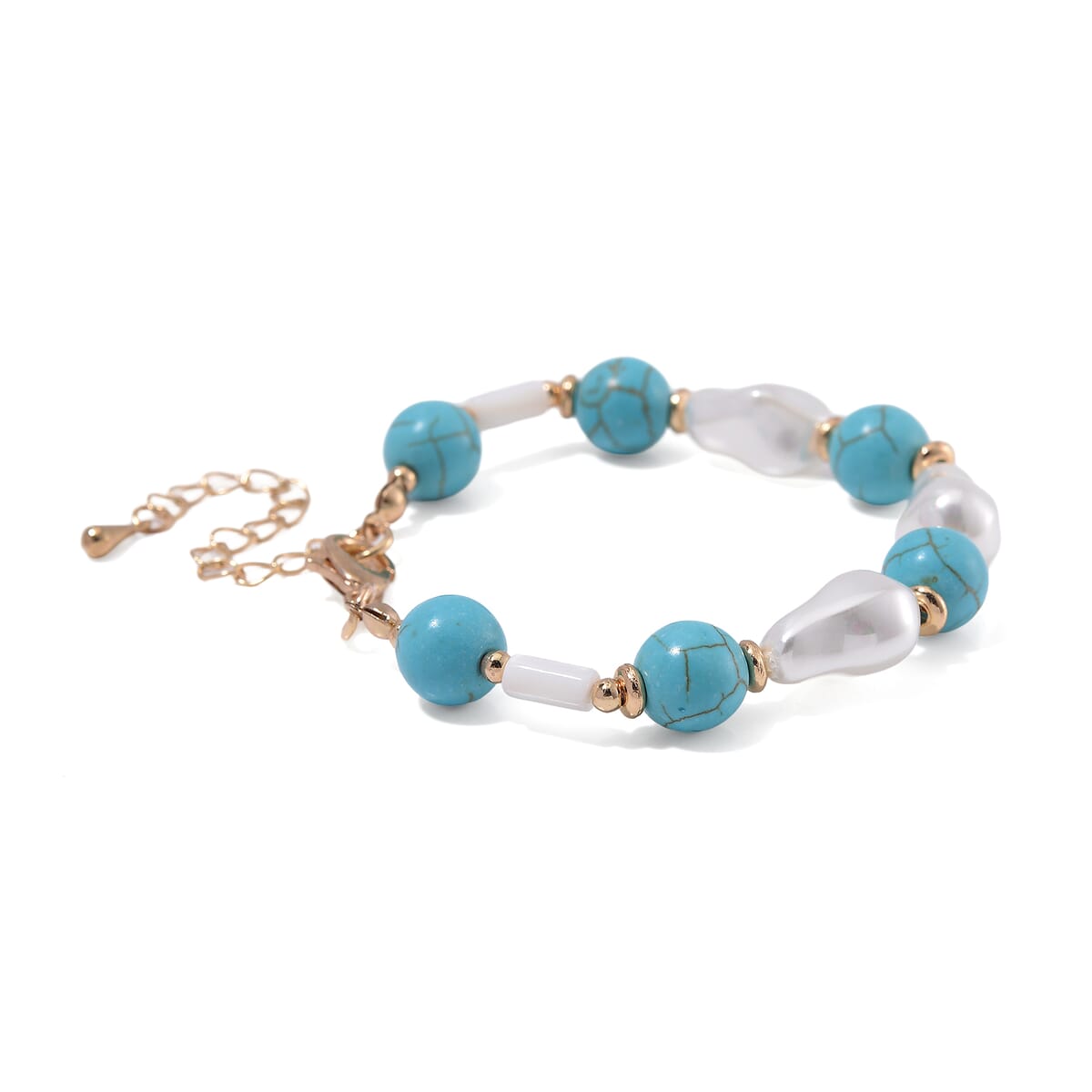 White Shell Pearl, Blue Howlite Beaded Bracelet (7-9In) in Goldtone 25.00 ctw image number 4