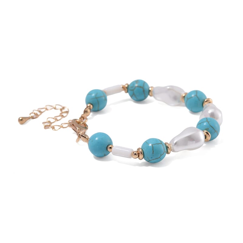 White Shell Pearl, Constituted Blue Howlite Beaded Bracelet (7-9In) in Goldtone 25.00 ctw