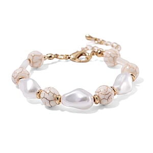 White Shell Pearl, Constituted White Howlite Beaded Bracelet (7-9In) in Goldtone 25.00 ctw