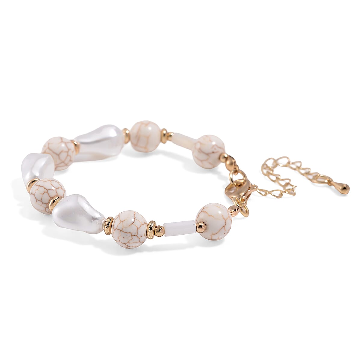 White Shell Pearl, Constituted White Howlite Beaded Bracelet (7-9In) in Goldtone 25.00 ctw image number 2
