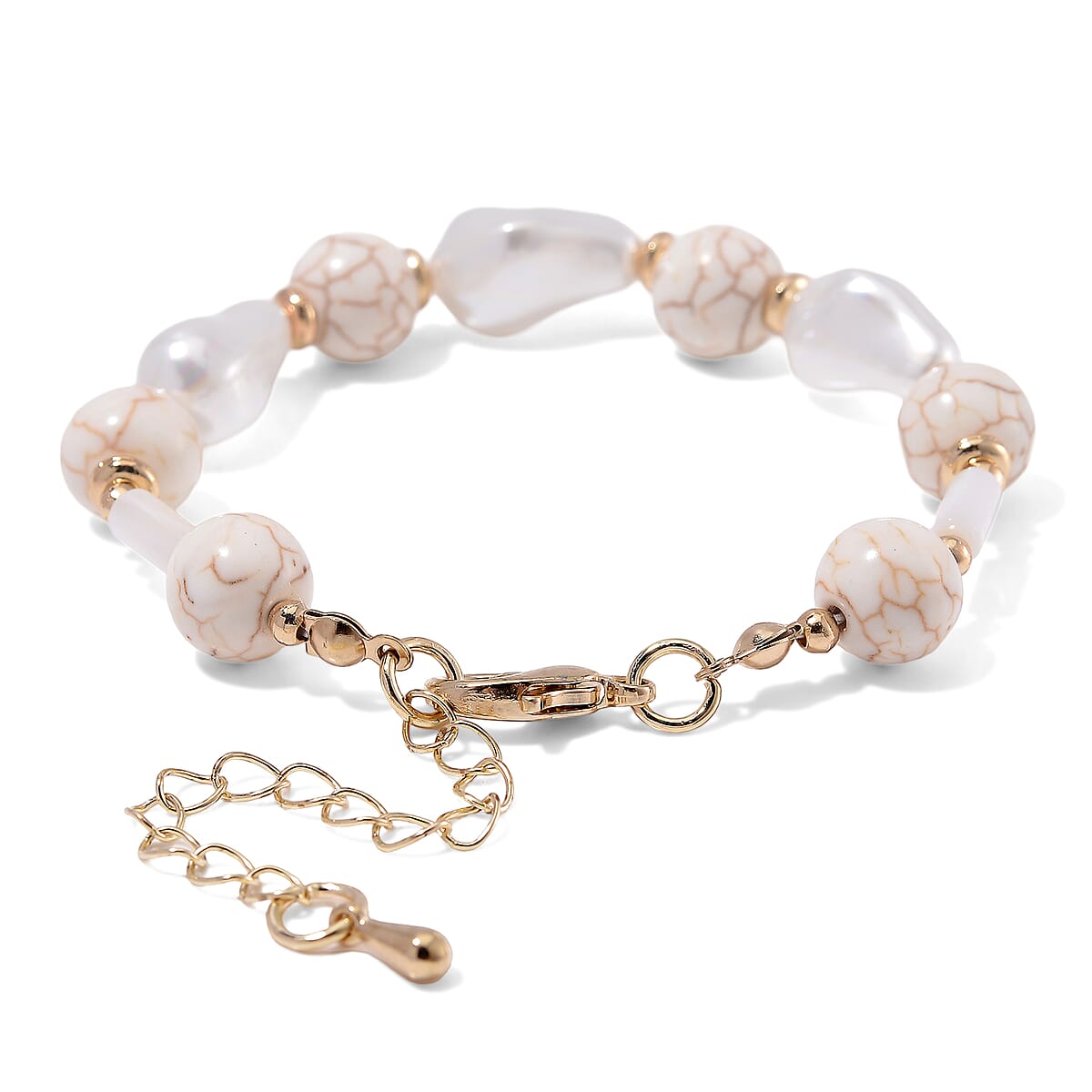 White Shell Pearl, Constituted White Howlite Beaded Bracelet (7-9In) in Goldtone 25.00 ctw image number 3