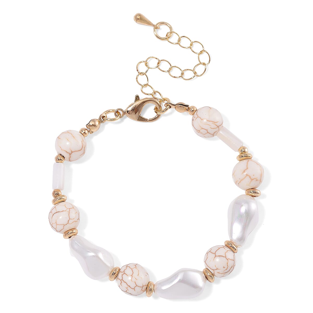 White Shell Pearl, Constituted White Howlite Beaded Bracelet (7-9In) in Goldtone 25.00 ctw image number 4