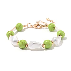 White Shell Pearl, Constituted Green Howlite Beaded Bracelet (7-9In) in Goldtone 25.00 ctw
