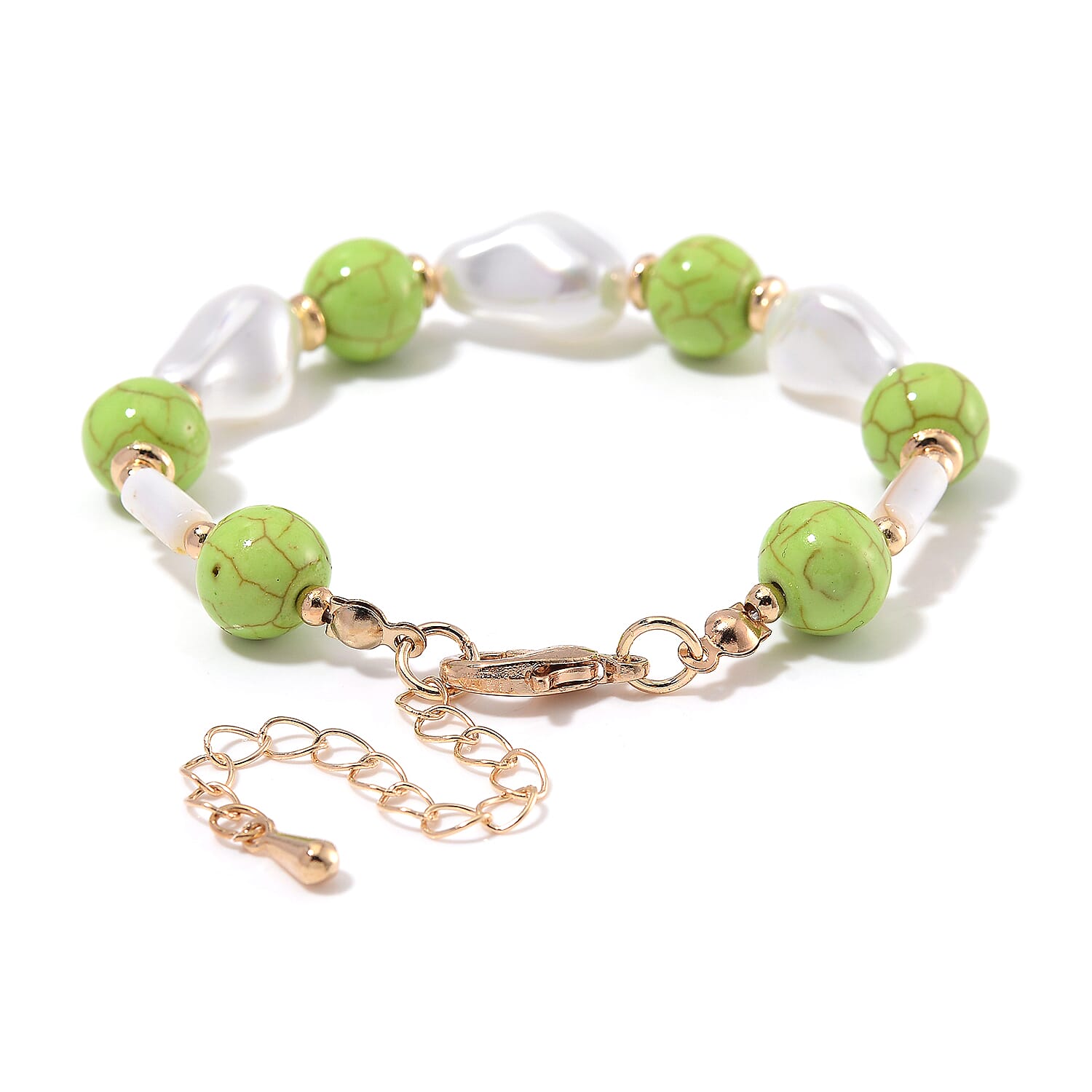 White Shell Pearl, Constituted Green Howlite Beaded Bracelet (7-9In) in Goldtone 25.00 ctw