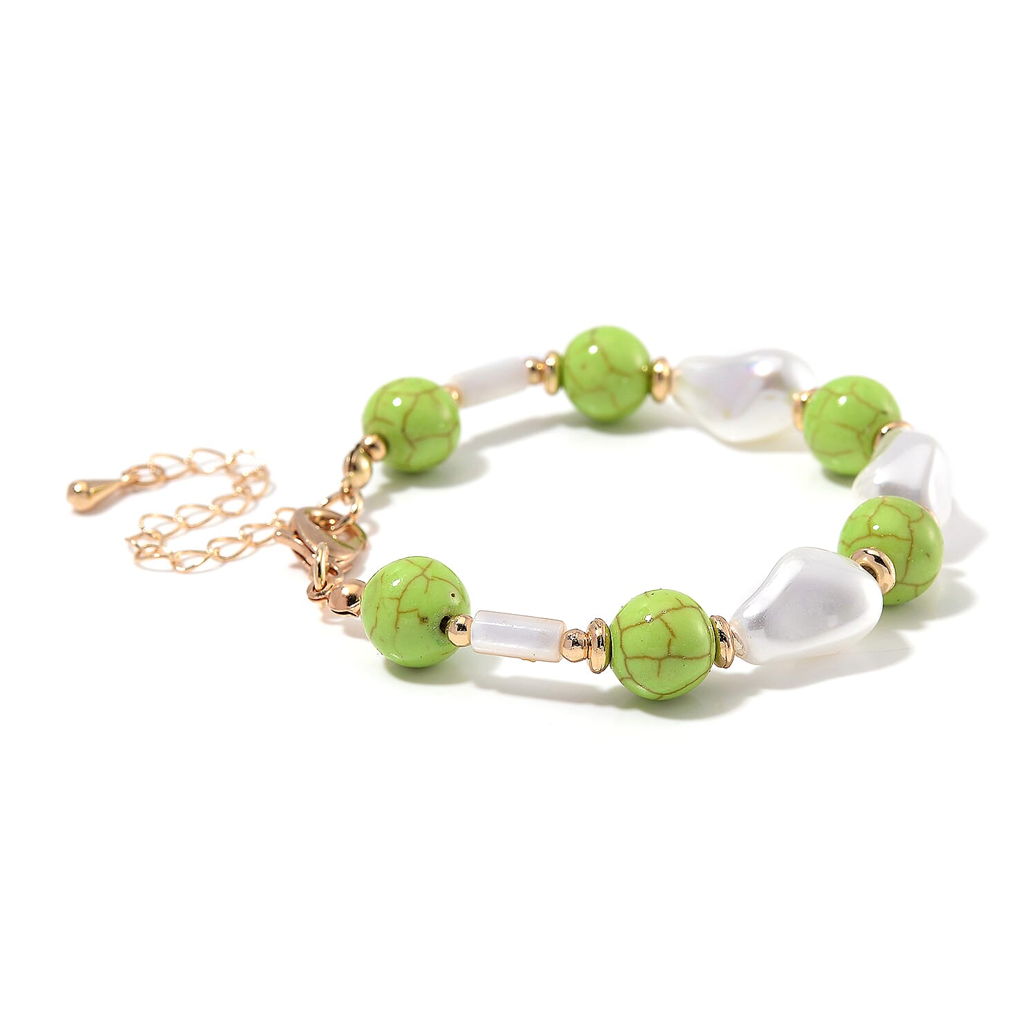 White Shell Pearl, Constituted Green Howlite Beaded Bracelet (7-9In) in Goldtone 25.00 ctw