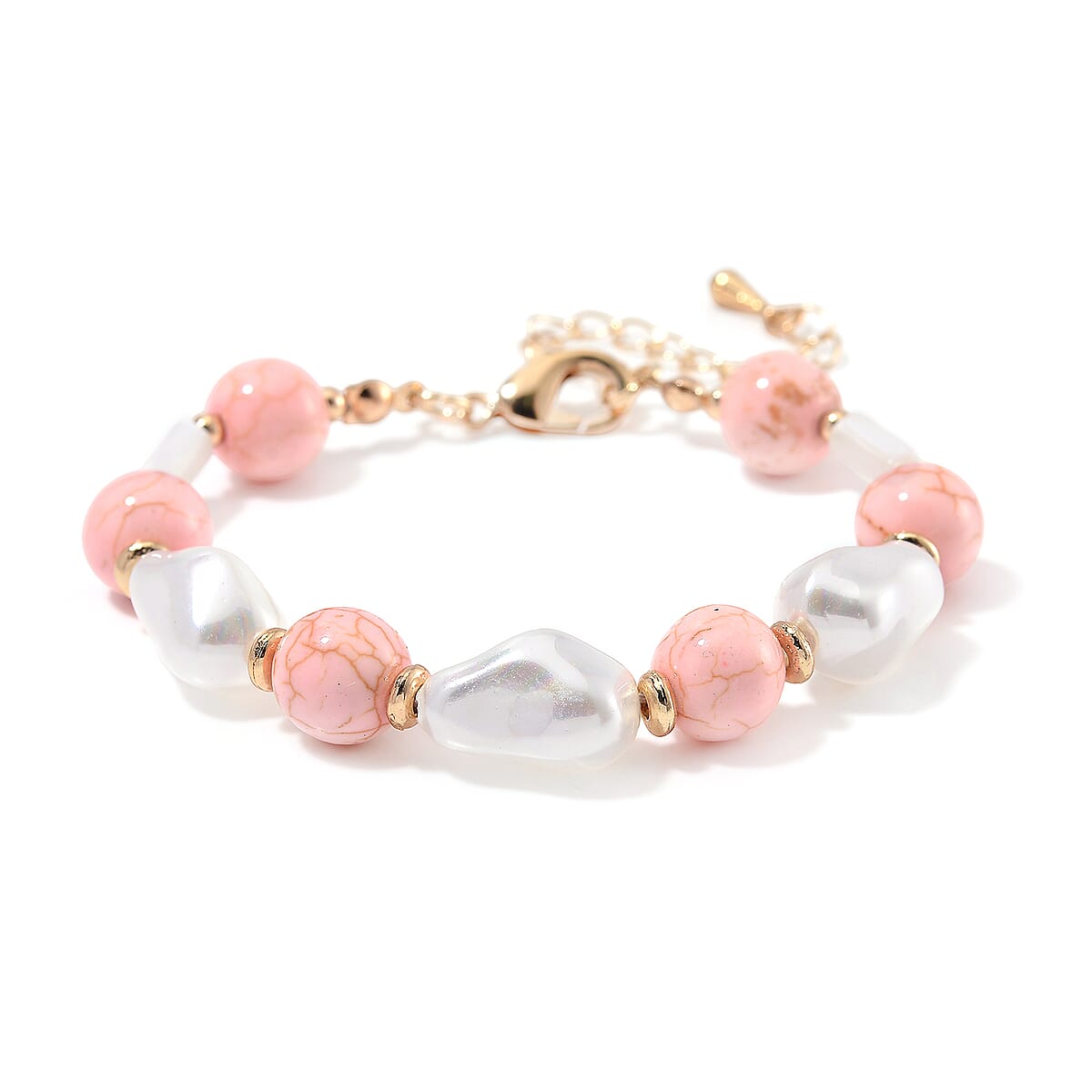 White Shell Pearl, Constituted Almandine Howlite Beaded Bracelet (7-9In) in Goldtone 25.00 ctw image number 0