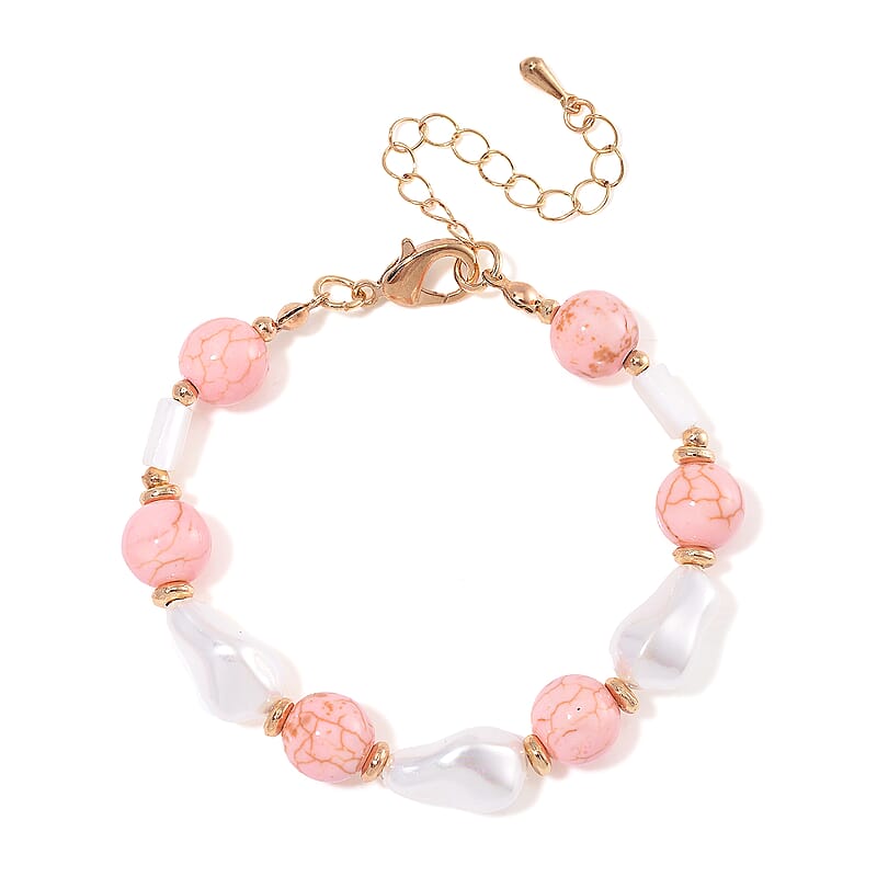 White Shell Pearl, Constituted Almandine Howlite Beaded Bracelet (7-9In) in Goldtone 25.00 ctw