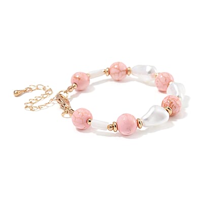 White Shell Pearl, Constituted Almandine Howlite Beaded Bracelet (7-9In) in Goldtone 25.00 ctw