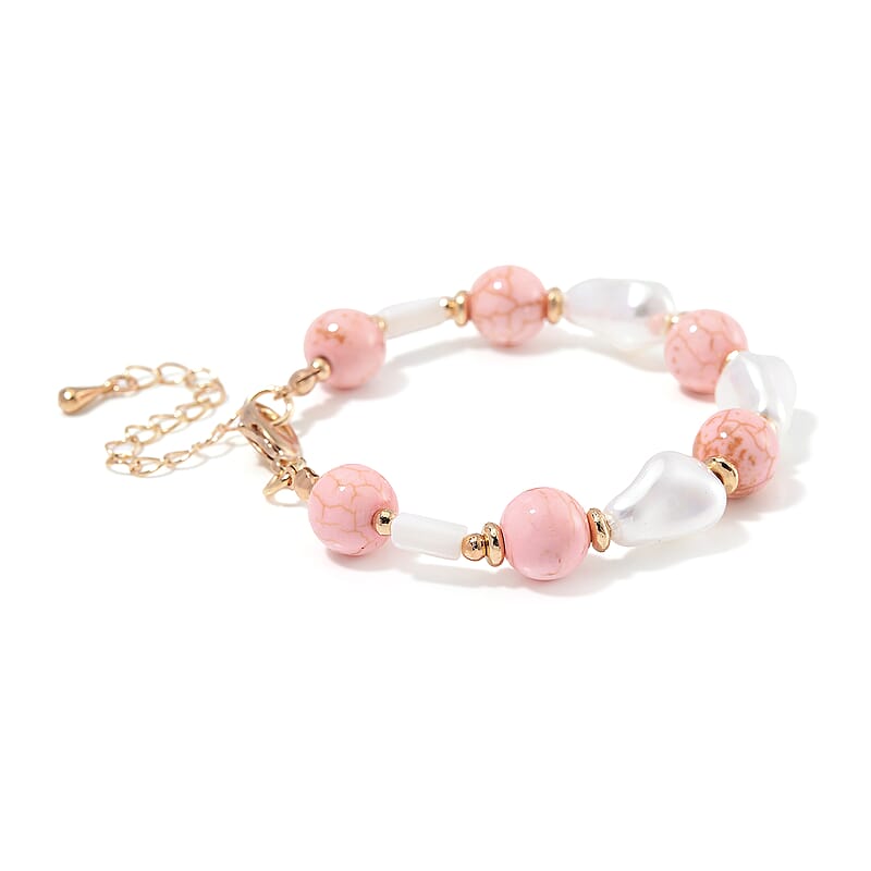 White Shell Pearl, Constituted Almandine Howlite Beaded Bracelet (7-9In) in Goldtone 25.00 ctw
