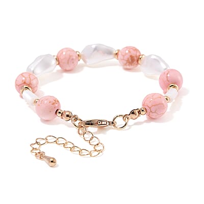White Shell Pearl, Constituted Almandine Howlite Beaded Bracelet (7-9In) in Goldtone 25.00 ctw