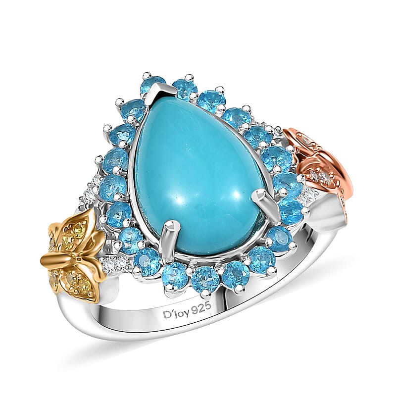D'Joy Sleeping Beauty Turquoise, Neon Apatite and Multi Diamond 4.60 ctw Butterfly Ring in 18K Vermeil YG, RG and Rhodium Over Sterling Silver (Size 10.0)