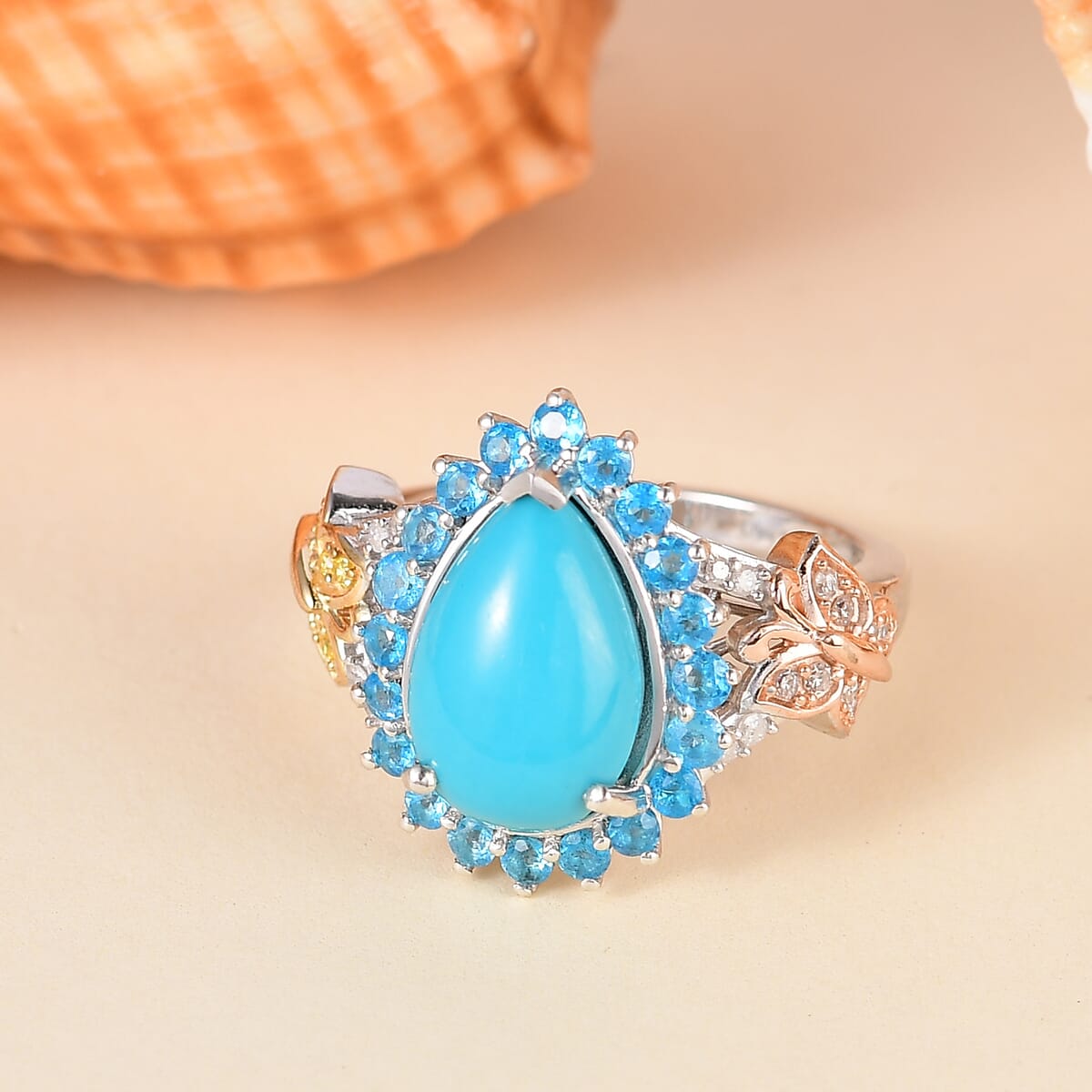 Sleeping Beauty Turquoise, Neon Apatite and Multi Diamond 4.60 ctw Butterfly Ring in 18K Vermeil YG, RG and Rhodium Over Sterling Silver (Size 10.0) image number 1