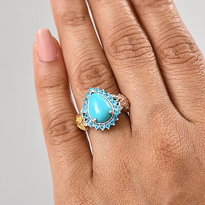 D'Joy Sleeping Beauty Turquoise, Neon Apatite and Multi Diamond 4.60 ctw Butterfly Ring in 18K Vermeil YG, RG and Rhodium Over Sterling Silver (Size 10.0)