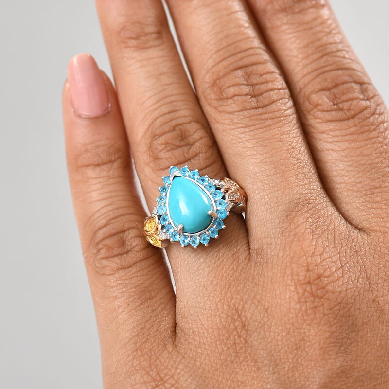 D'Joy Sleeping Beauty Turquoise, Neon Apatite and Multi Diamond 4.60 ctw Butterfly Ring in 18K Vermeil YG, RG and Rhodium Over Sterling Silver (Size 10.0)