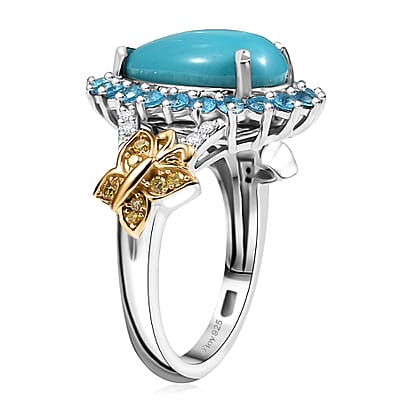 D'Joy Sleeping Beauty Turquoise, Neon Apatite and Multi Diamond 4.60 ctw Butterfly Ring in 18K Vermeil YG, RG and Rhodium Over Sterling Silver (Size 10.0)