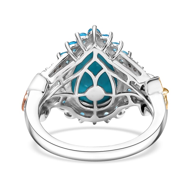 D'Joy Sleeping Beauty Turquoise, Neon Apatite and Multi Diamond 4.60 ctw Butterfly Ring in 18K Vermeil YG, RG and Rhodium Over Sterling Silver (Size 10.0)