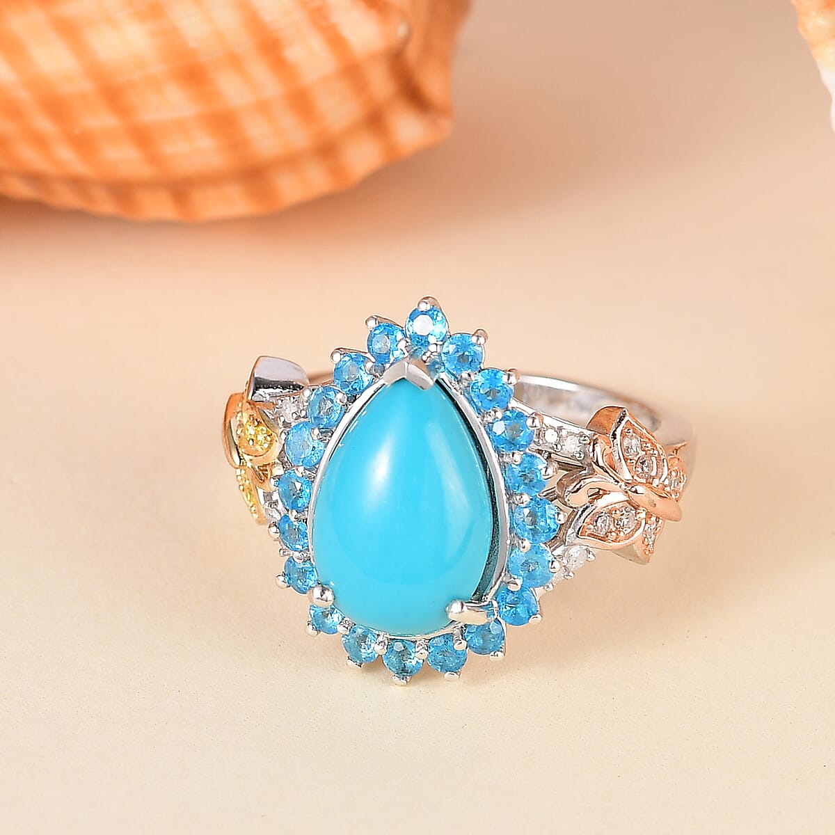 Sleeping Beauty Turquoise, Neon Apatite and Multi Diamond 4.60 ctw Butterfly Ring in 18K Vermeil YG, RG and Rhodium Over Sterling Silver (Size 7.0) image number 1
