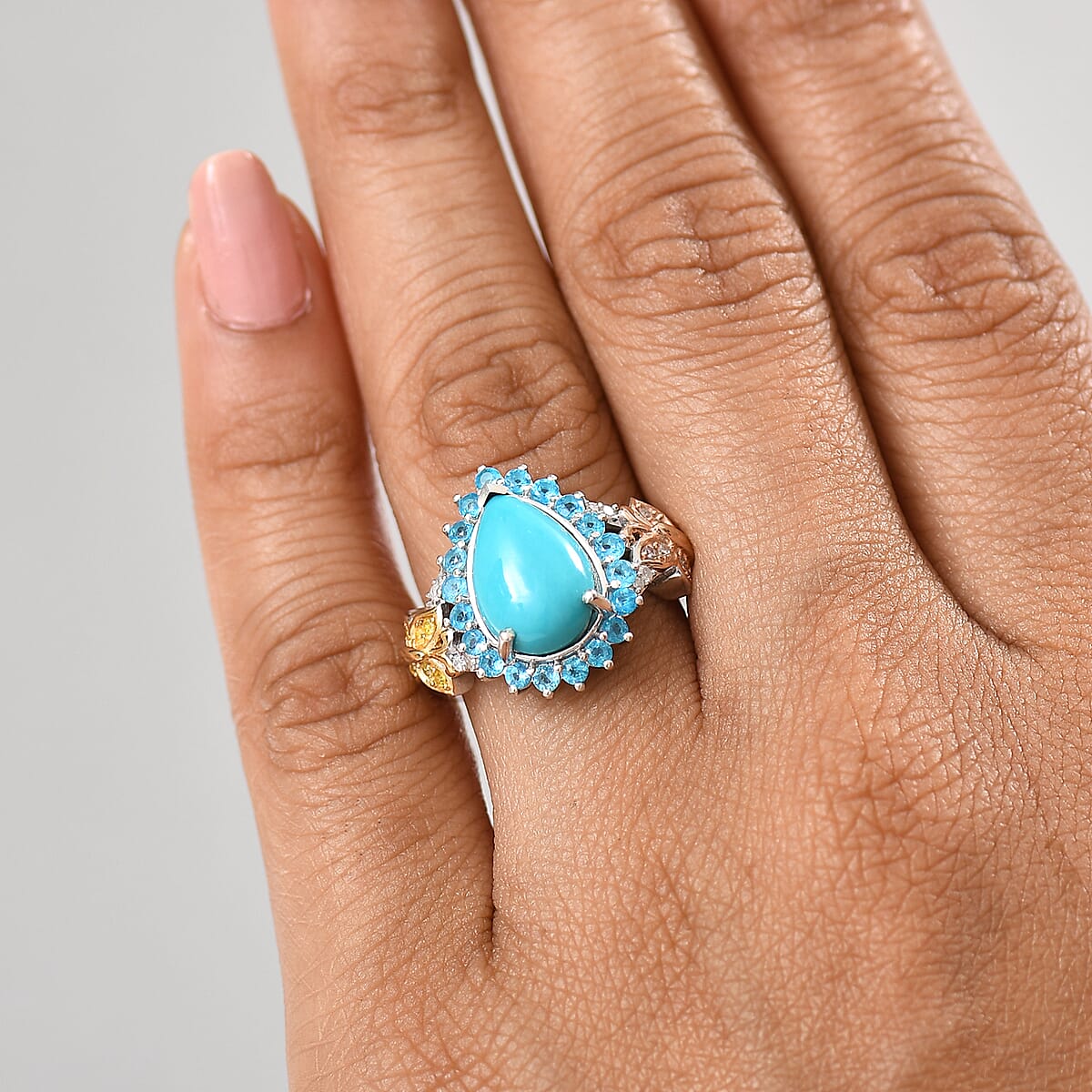 Sleeping Beauty Turquoise, Neon Apatite and Multi Diamond 4.60 ctw Butterfly Ring in 18K Vermeil YG, RG and Rhodium Over Sterling Silver (Size 7.0) image number 2