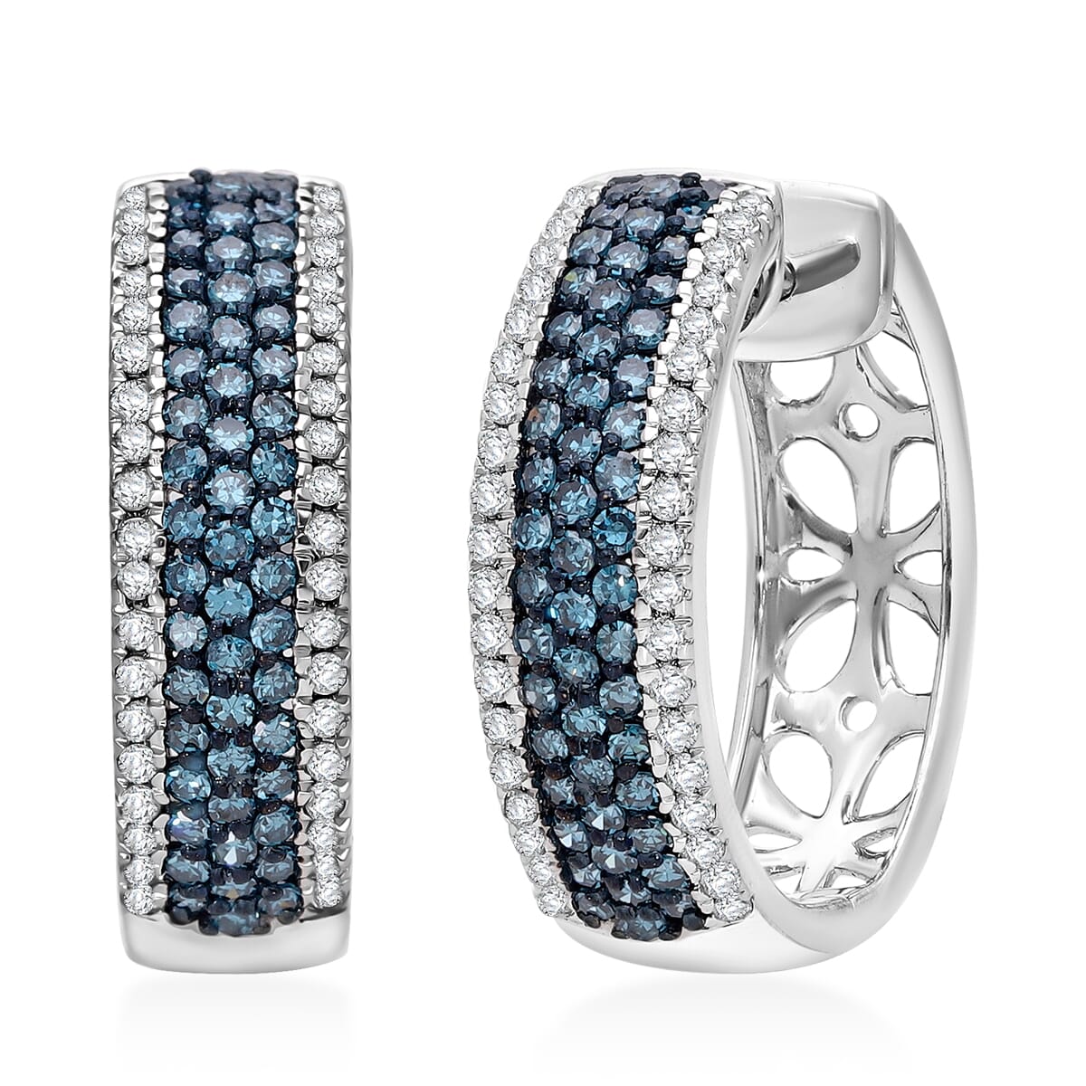Venice Blue Diamond I1-I2 and Diamond 1.00 ctw Hoop Earrings in Platinum Over Sterling Silver image number 0