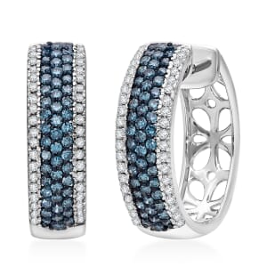 Venice Blue Diamond I1-I2 and Diamond 1.00 ctw Hoop Earrings in Platinum Over Sterling Silver