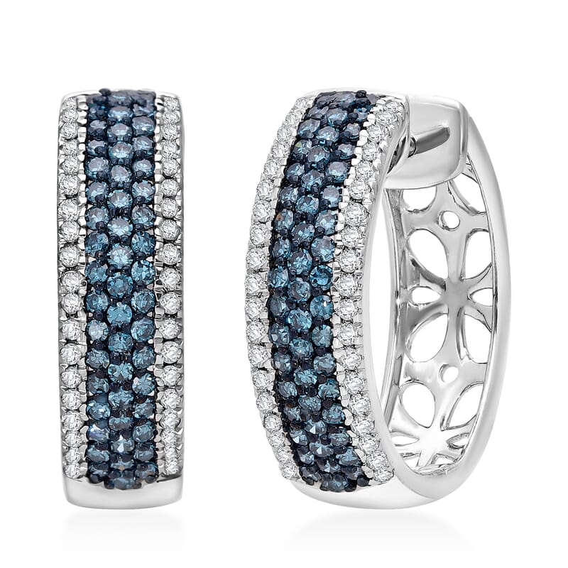 Venice Blue Diamond I1-I2 and Diamond 1.00 ctw Hoop Earrings in Platinum Over Sterling Silver