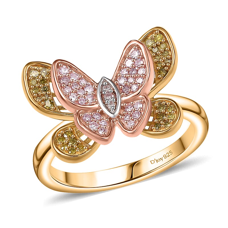 D'Joy Natural Pink, White and Yellow Diamond 0.33 ctw Butterfly Ring in 18K Vermeil Rose Gold and Yellow Gold Over Sterling Silver (Size 10.0) 