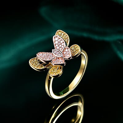 D'Joy Natural Pink, White and Yellow Diamond 0.33 ctw Butterfly Ring in 18K Vermeil Rose Gold and Yellow Gold Over Sterling Silver (Size 10.0) 