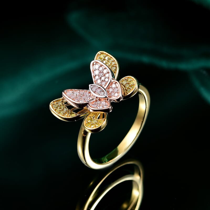 D'Joy Natural Pink, White and Yellow Diamond 0.33 ctw Butterfly Ring in 18K Vermeil Rose Gold and Yellow Gold Over Sterling Silver (Size 10.0) 