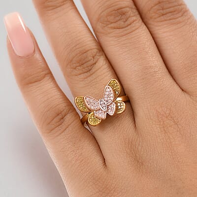 D'Joy Natural Pink, White and Yellow Diamond 0.33 ctw Butterfly Ring in 18K Vermeil Rose Gold and Yellow Gold Over Sterling Silver (Size 10.0) 