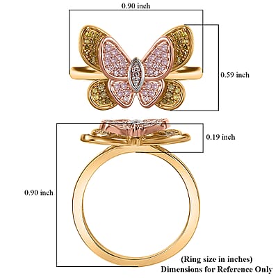 D'Joy Natural Pink, White and Yellow Diamond 0.33 ctw Butterfly Ring in 18K Vermeil Rose Gold and Yellow Gold Over Sterling Silver (Size 10.0) 