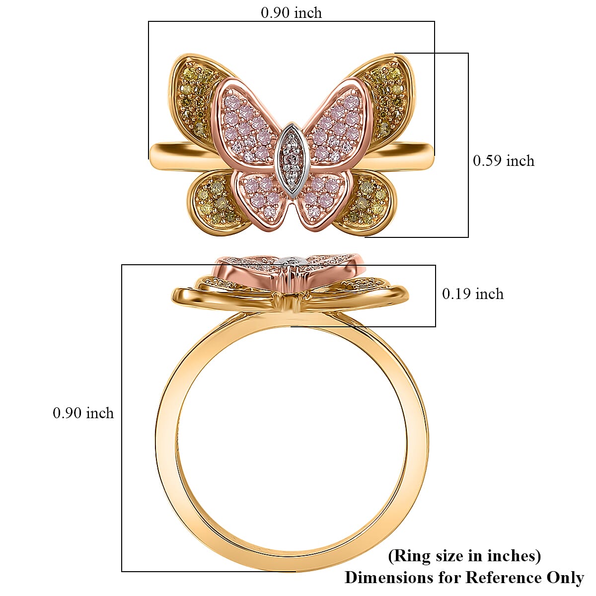 D'Joy Natural Pink, White and Yellow Diamond 0.33 ctw Butterfly Ring in 18K Vermeil Rose Gold and Yellow Gold Over Sterling Silver (Size 5.0)  image number 5