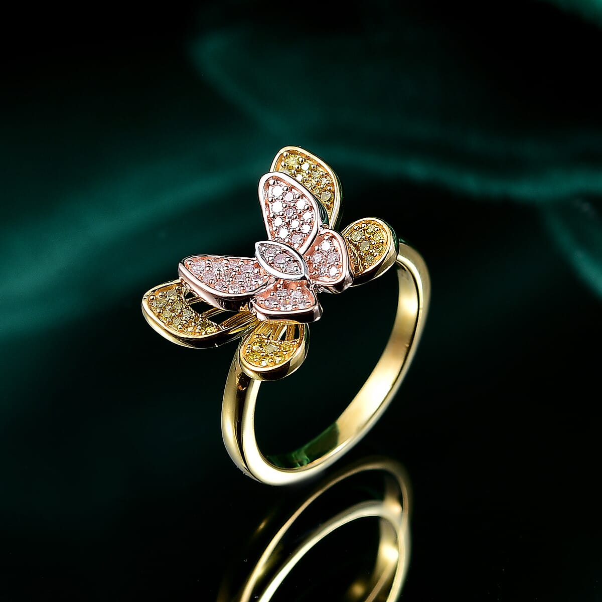 D'Joy Natural Pink, White and Yellow Diamond 0.33 ctw Butterfly Ring in 18K Vermeil Rose Gold and Yellow Gold Over Sterling Silver (Size 7.0)  image number 1