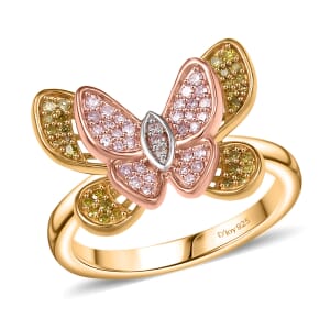 D'Joy Natural Pink, White and Yellow Diamond 0.33 ctw Butterfly Ring in 18K Vermeil Rose Gold and Yellow Gold Over Sterling Silver (Size 8.0) 