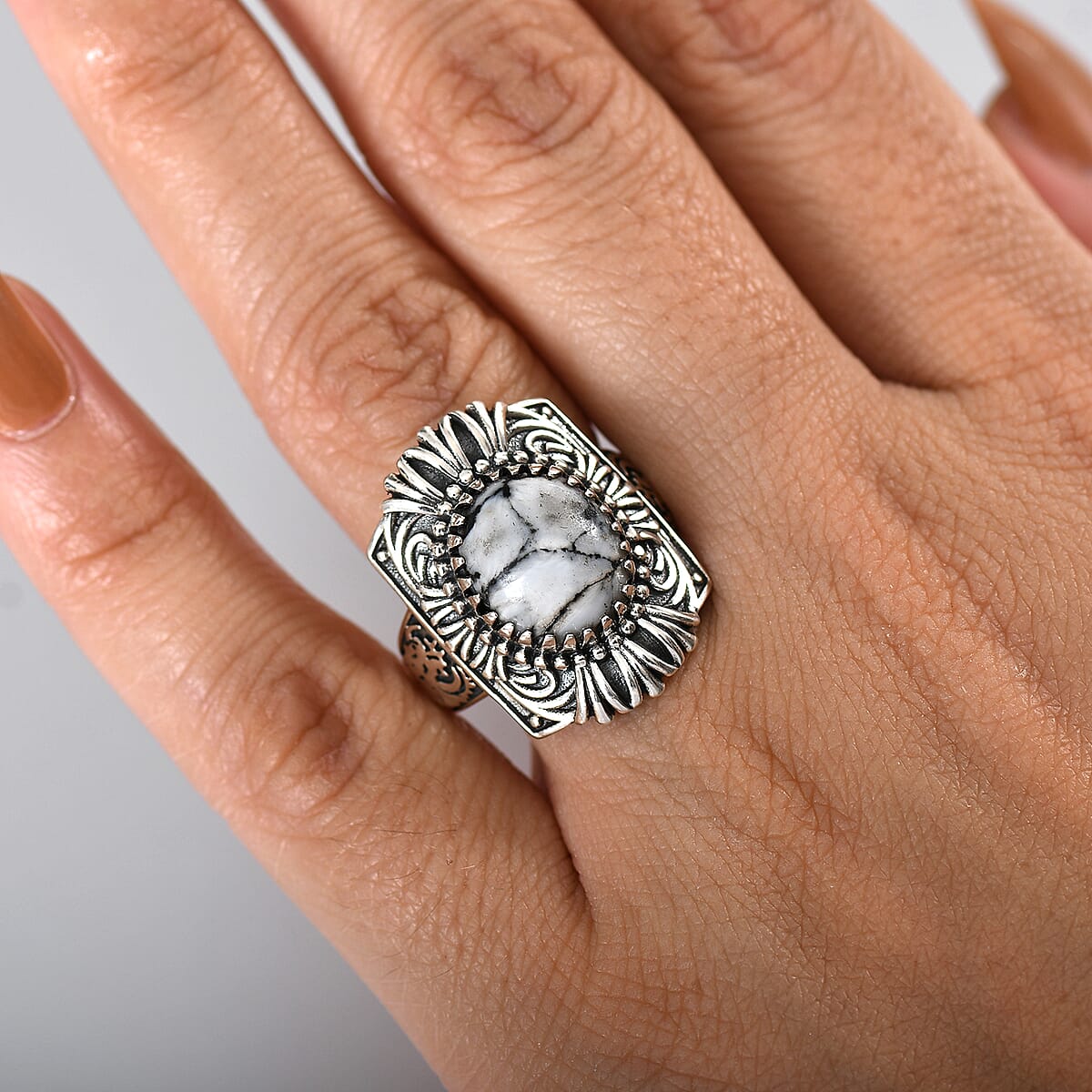 D'Joy Artisan Crafted White Buffalo 5.00 ctw Sacred Guardians Ring in Sterling Silver (Size 7.0)  image number 2