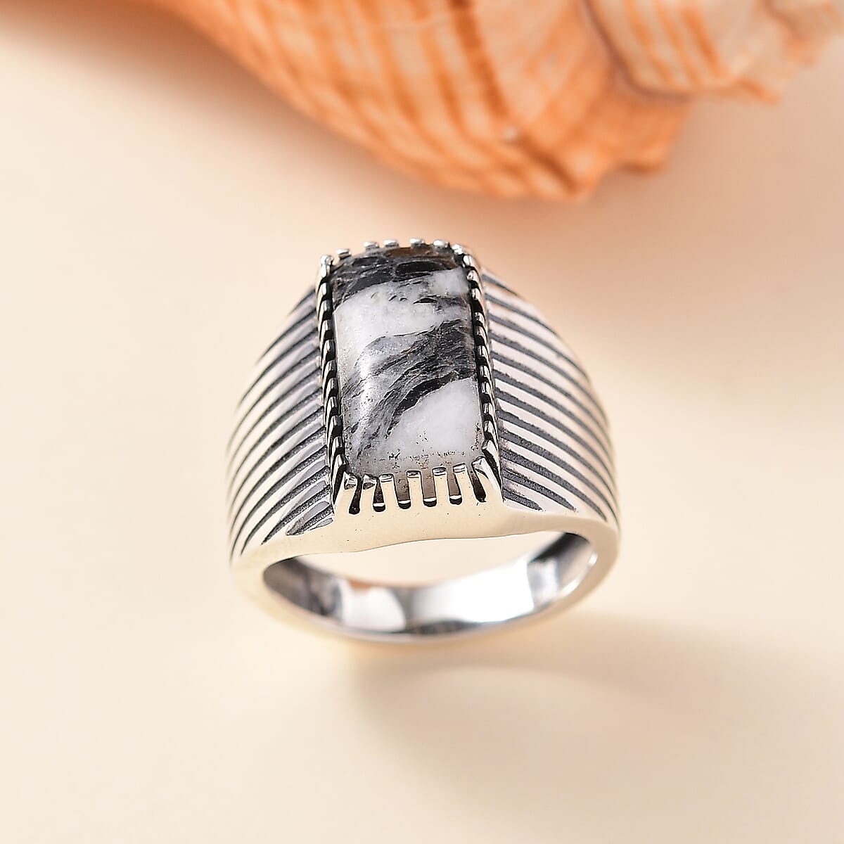 D'Joy Artisan Crafted White Buffalo 6.60 ctw Mens Ring in Black Oxidized Sterling Silver (Size 12.0) image number 1