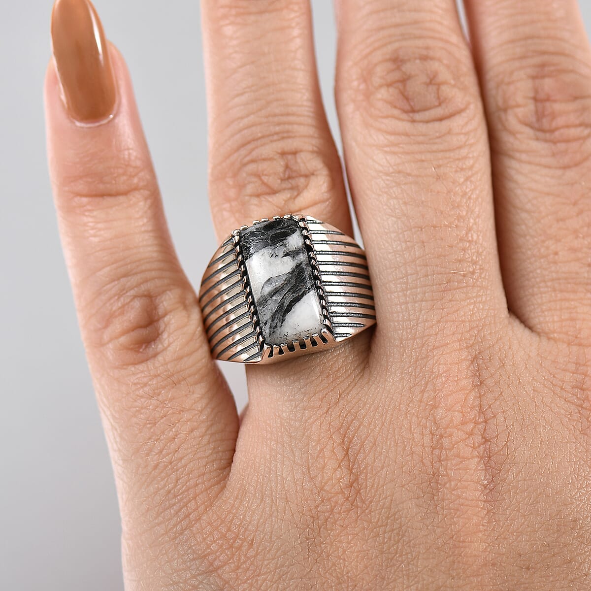 D'Joy Artisan Crafted White Buffalo 6.60 ctw Mens Ring in Black Oxidized Sterling Silver (Size 12.0) image number 2