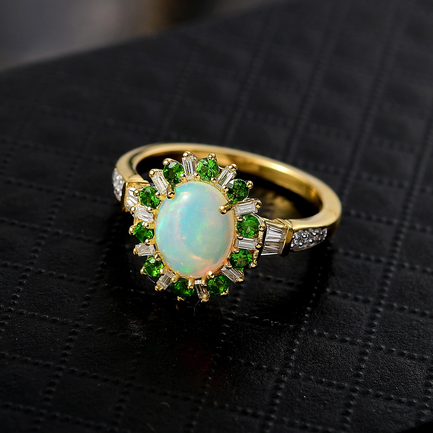 D'Joy Premium Ethiopian Welo Opal and Multi Gemstone 1.90 ctw Sunburst Ring in 18K Vermeil Yellow Gold Over Sterling Silver (Size 10.0)