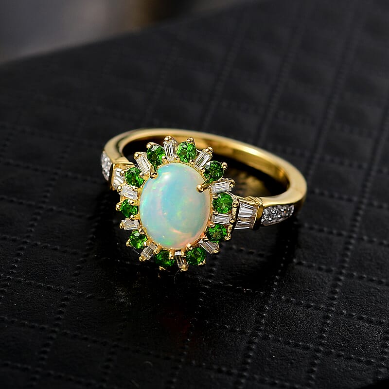 D'Joy Premium Ethiopian Welo Opal and Multi Gemstone 1.90 ctw Sunburst Ring in 18K Vermeil Yellow Gold Over Sterling Silver (Size 10.0)