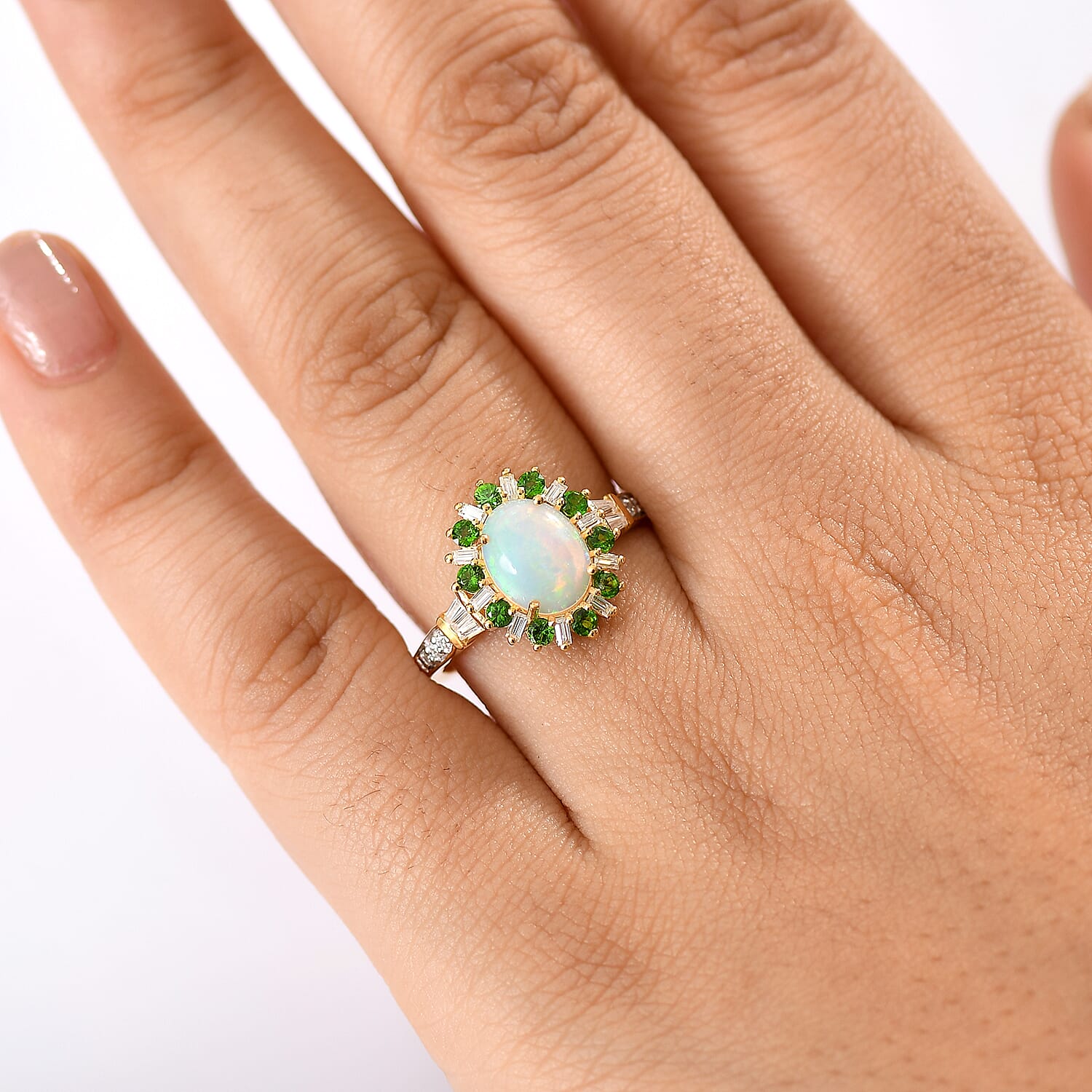 D'Joy Premium Ethiopian Welo Opal and Multi Gemstone 1.90 ctw Sunburst Ring in 18K Vermeil Yellow Gold Over Sterling Silver (Size 10.0)