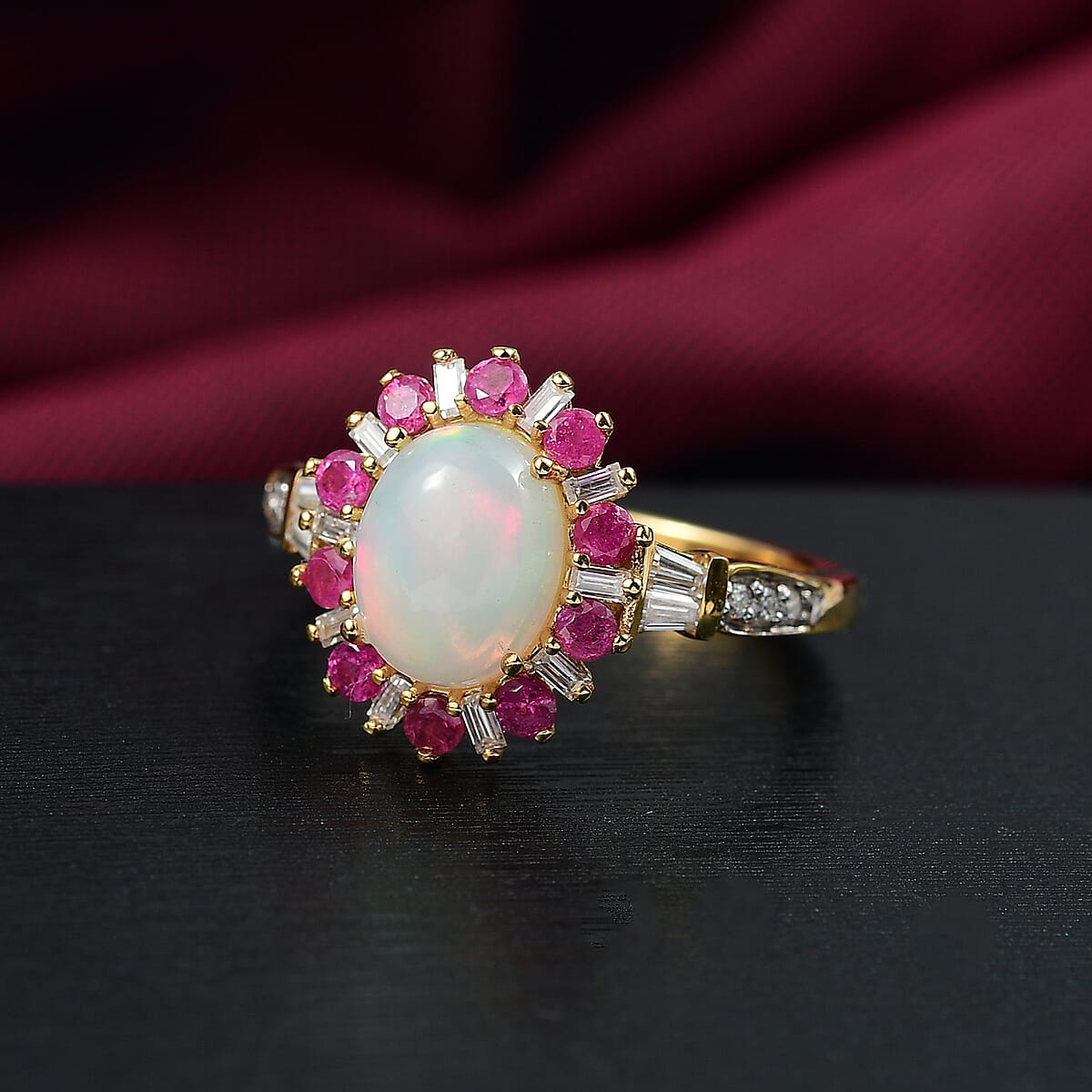 D'Joy Premium Ethiopian Welo Opal and Multi Gemstone 2.00 ctw Sunburst Ring in 18K Vermeil Yellow Gold Over Sterling Silver (Size 7.0) image number 1