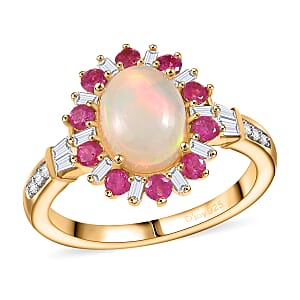 D'Joy Premium Ethiopian Welo Opal and Multi Gemstone 2.00 ctw Sunburst Ring in 18K Vermeil Yellow Gold Over Sterling Silver (Size 9.0)