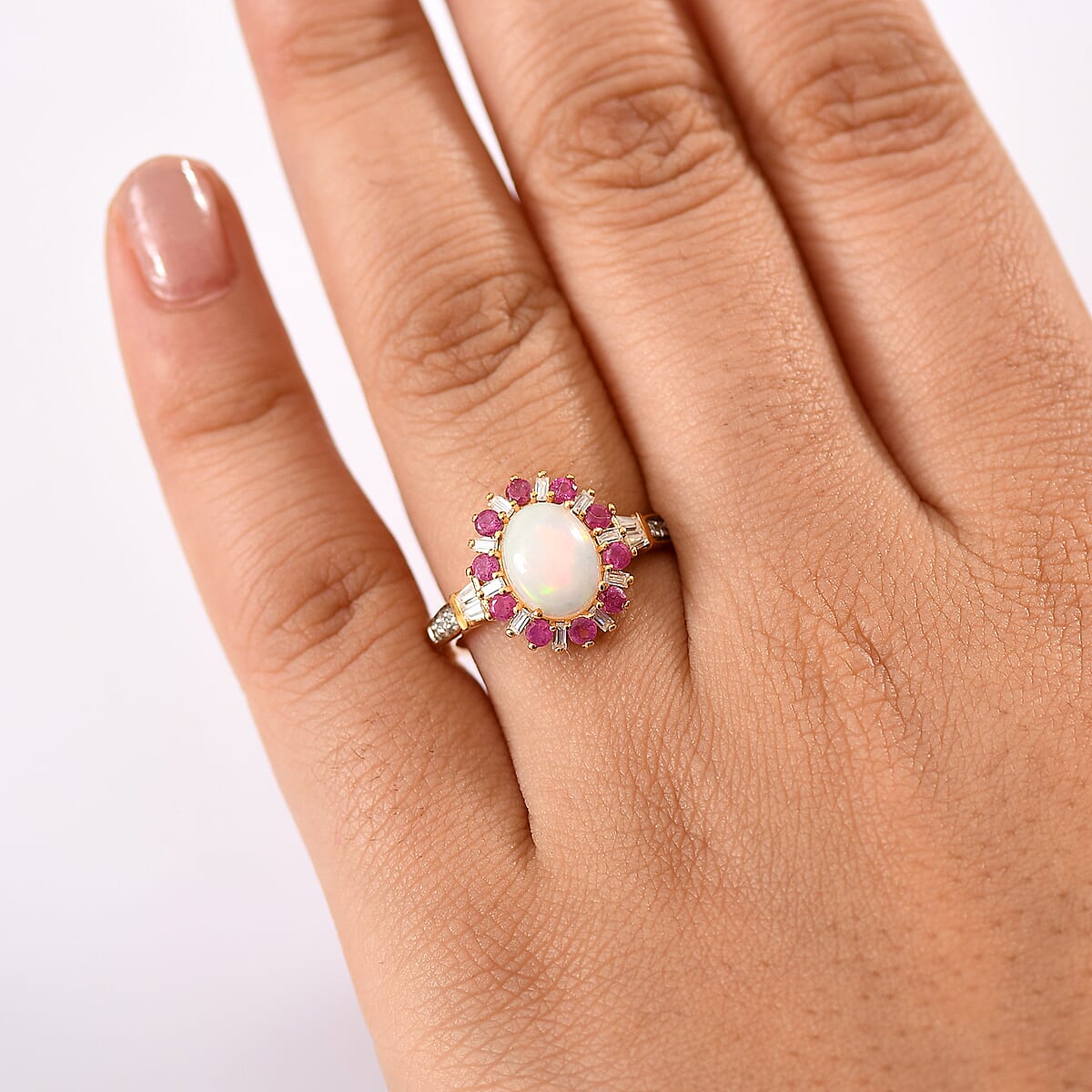 D'Joy Premium Ethiopian Welo Opal and Multi Gemstone 2.00 ctw Sunburst Ring in 18K Vermeil Yellow Gold Over Sterling Silver (Size 9.0) image number 2