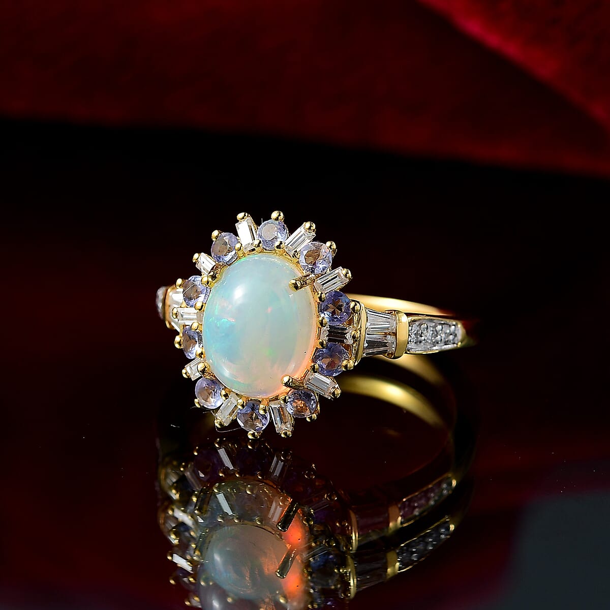 D'Joy Premium Ethiopian Welo Opal and Multi Gemstone 2.00 ctw Sunburst Ring in 18K Vermeil Yellow Gold Over Sterling Silver (Size 10.0) image number 1