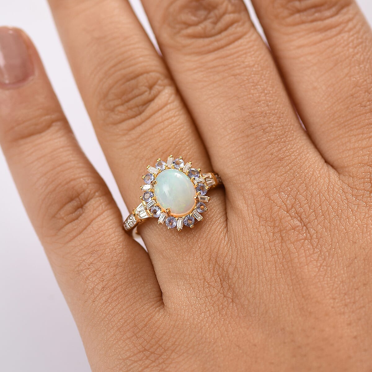 D'Joy Premium Ethiopian Welo Opal and Multi Gemstone 2.00 ctw Sunburst Ring in 18K Vermeil Yellow Gold Over Sterling Silver (Size 10.0) image number 2